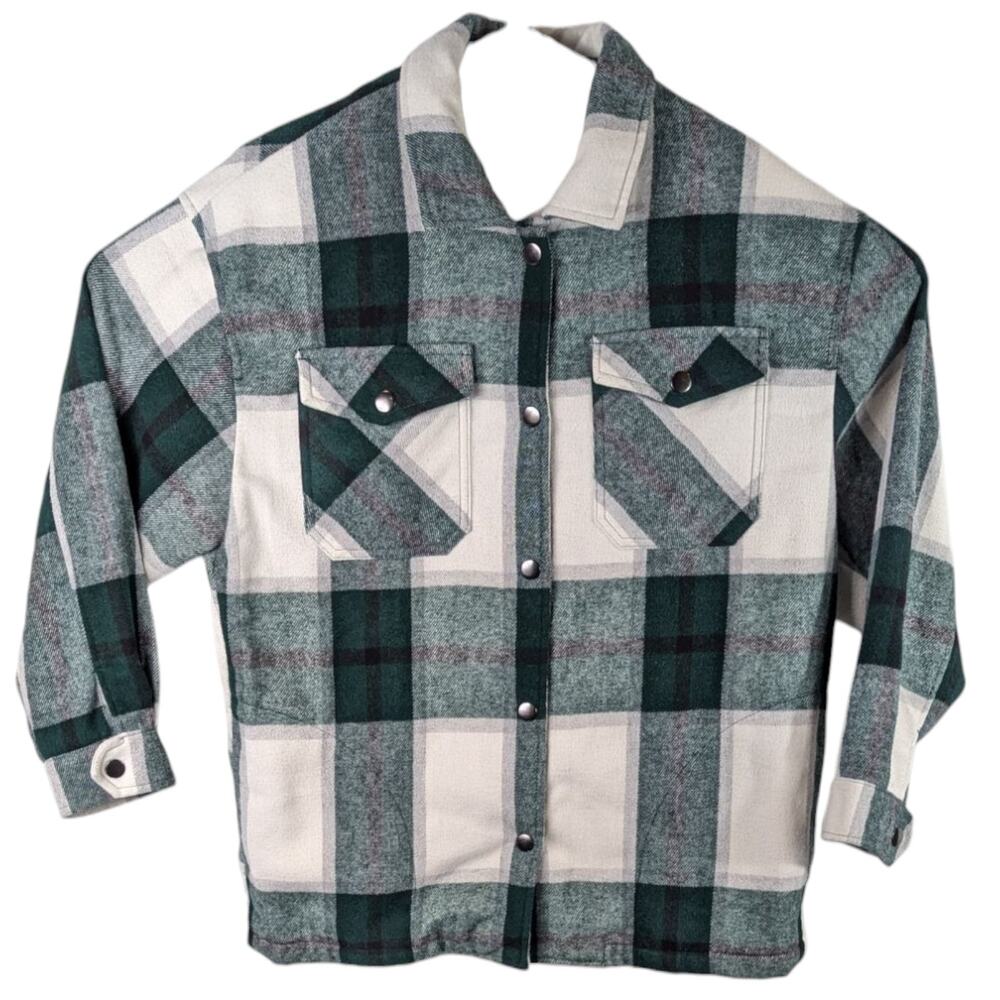 HFX Plaid Green Womens Flannel Shirt Jacket Shacket Heavy Snap Down size Small